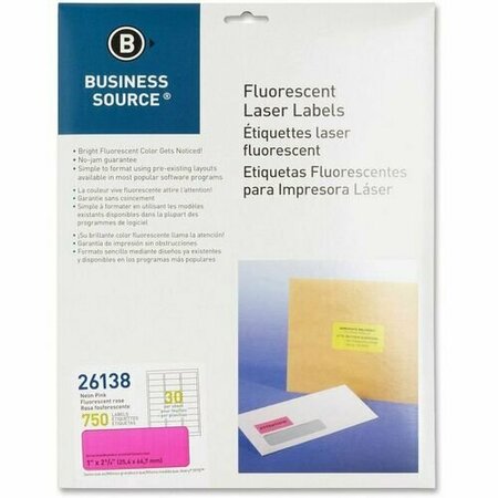 BUSINESS SOURCE Laser Labels, Fluorescent, 1inx2-5/8in, Neon Pink, 750PK BSN26138